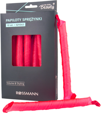 Czerwone papiloty sprężynki Rossmann, 10 szt. z szydłem, w czarnym pudełku, część wyłożona obok.