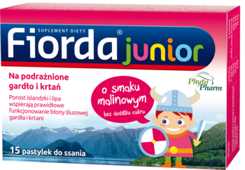 Różowe pudełko Fiorda junior o smaku malinowym, 15 pastylek do ssania na podrażnione gardło, z rysunkiem Wikinga.