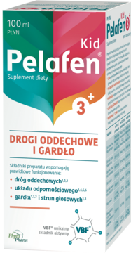 Pelafen Kid 3+ suplement diety 100 ml, biało-zielone pudełko, wspiera drogi oddechowe i gardło.