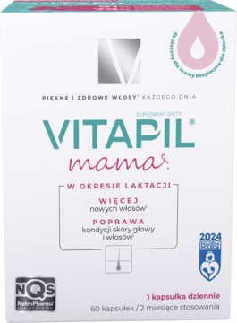 Białe pudełko suplementu Vitapil Mama na zdrowe włosy dla mam karmiących, z ikonami i napisami.