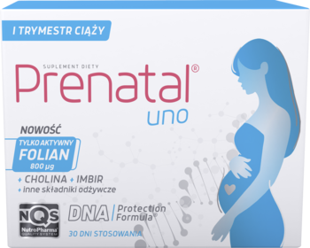 Białe opakowanie suplementu diety Prenatal uno z niebieską grafiką ciężarnej kobiety, dla I trymestru ciąży, Folian, Cholina.