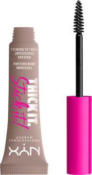 NYX Thick It! Stick It! pogrubiająca maskara do brwi. Beżowa tubka obok czarnej szczoteczki z różową rączką.
