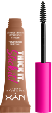 NYX Thick It. Stick It! zagęszczająca maskara do brwi w brązowej tubce z różową nakrętką i wyciągniętą szczoteczką.