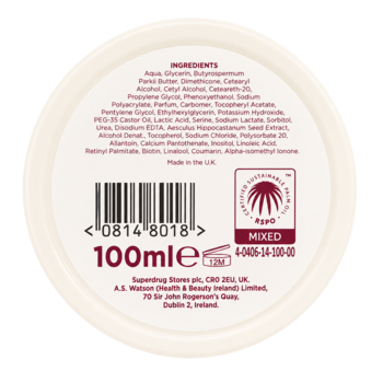 Spód słoiczka kremu nawilżającego Vitamin E, biała etykieta ze składnikami, kodem kreskowym i logo FSC, 100ml.