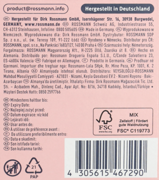 Tył opakowania produktu Rossmann, różowe tło, z danymi producenta, kodem kreskowym i certyfikatami FSC.