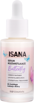 Isana serum rozświetlające Butterfly w butelce z pipetą. Różowa etykieta z motylami, dla każdego rodzaju skóry, widok z przodu.