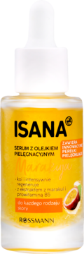 Isana serum z olejkiem marakuja, butelka z zakraplaczem, żółta etykieta z owocem, widok z przodu.