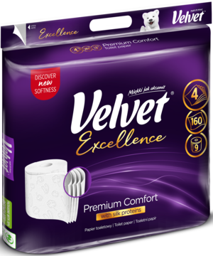 Velvet Excellence Premium Comfort papier toaletowy, 4-warstwowy, z proteinami jedwabiu. Fioletowe opakowanie, widok pod kątem.
