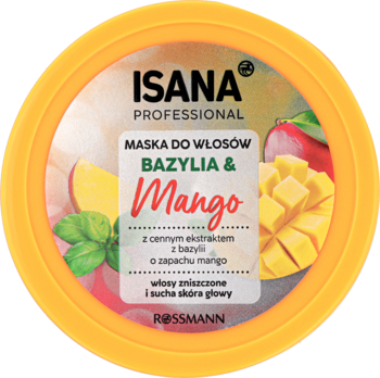 Żółta maska do włosów Isana Professional Bazylia & Mango w okrągłym słoiczku, z grafiką mango i bazylii, widok z góry.
