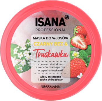 Maska do włosów ISANA PROFESSIONAL Czarny Bez & Truskawka, różowe opakowanie, do włosów zniszczonych, widok z góry.