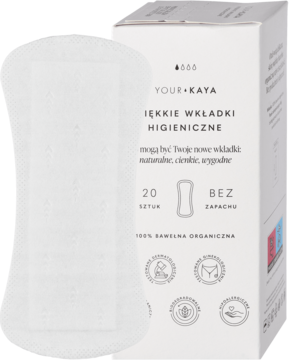 Your Kaya miękkie wkładki higieniczne z organicznej bawełny, białe, jedna sztuka leży przy pudełku.