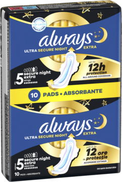 Dwie Always Ultra Secure Night Extra podpaski nocne rozmiar 5, stacked, ciemnoniebieskie opakowanie ze złotymi gwiazdami.