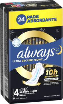 Czarno-żółte opakowanie podpasek Always Ultra Secure Night (rozmiar 4) z napisem '10h protection', widok z przodu.