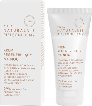 Ziaja Naturalnie Pielęgnujemy, Regenerujący Krem na Noc, biała tubka i kartonik, 99% naturalnych składników.