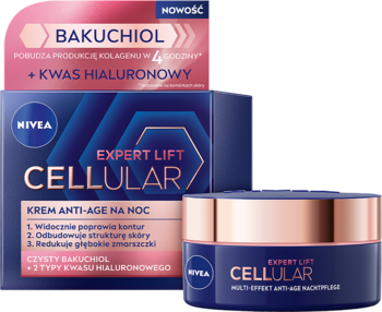 Nivea Cellular Expert Lift Krem Anti-Age na noc z bakuchiolem, granatowy słoik i pudełko na różowym tle, widok pod kątem.