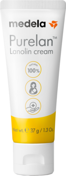 Medela Purelan Lanolin cream w białej tubce z żółtym dołem, widok z przodu, z ikonami 100% natural i karmienia piersią.