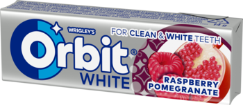 Orbit White Raspberry Pomegranate gum, silver pack with red fruit, for clean & white teeth, angled view.