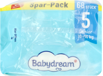 Opakowanie pieluszek Babydream Junior 10-16 kg, rozmiar 5, 68 sztuk, w jasnoniebieskim plastiku, przód.