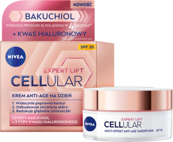 NIVEA Cellular Expert Lift Krem Anti-Age SPF 30 z bakuchiolem, przód różowo-białego opakowania i słoik.