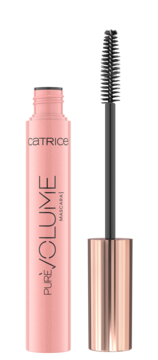 Różowy tusz Catrice Pure Volume Mascara z wysuniętą czarną szczoteczką, widok z przodu.