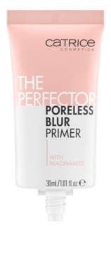 Różowo-biała tubka Catrice The Perfector Poreless Blur Primer z niacynamidem, widok z przodu.