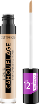 Catrice Liquid Camouflage beżowy korektor w płynie, butelka z aplikatorem i etykietą “Lasts 12h Waterproof”.