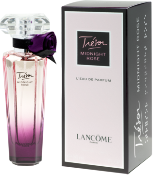 Lancôme Trésor Midnight Rose, butelka z fioletowym gradientem, fasetowany korek i różą, obok różowe pudełko.