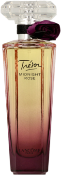 Butelka perfum Lancôme Trésor Midnight Rose. Szklana, z gradientem od fioletu do złota, przezroczystym korkiem i fioletową różą z materiału, widok z przodu.