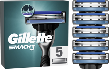 Zestaw Gillette Mach3: maszynka z 3 ostrzami i 5 wkładami wymiennymi, widok z przodu na zielono-niebieskim tle.