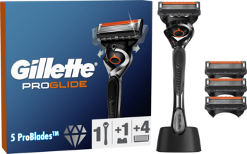 Gillette ProGlide maszynka dla mężczyzn z niebiesko-pomarańczowym opakowaniem, maszynką na stojaku i 4 ostrzami.