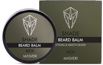 Zestaw SHADE BEARD BALM: okrągła puszka i prostokątne pudełko, ciemnooliwkowe z białym logo, widok z przodu.
