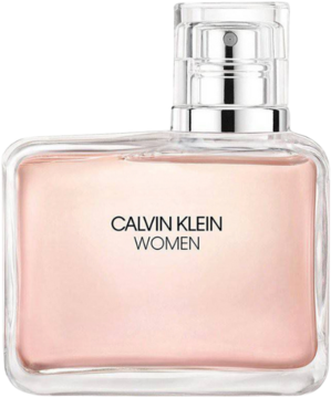 Calvin Klein Women woda perfumowana w przezroczystej butelce z różowym płynem i srebrnym atomizerem, widok z przodu.