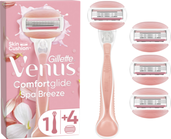 Różowy zestaw Gillette Venus Comfortglide Spa Breeze: opakowanie z maszynką i 4 ostrzami, obok rączka i wymienne ostrza.