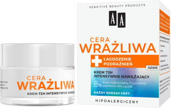 AA Cera Wrażliwa krem nawilżający 72H, biały słoiczek i kartonik z pomarańczowo-niebieskimi detalami.