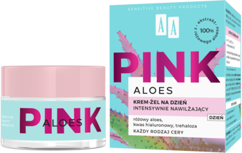 Krem-żel AA Pink Aloes na dzień w białym słoiku z różową nakrętką i turkusowe pudełko z grafiką aloesu.