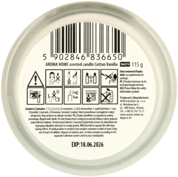 Okrągły spód świecy zapachowej AROMA HOME Cotton/Vanilla 115g, z kodem kreskowym i piktogramami bezpieczeństwa.