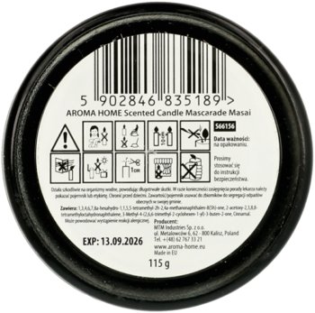 Czarna pokrywka świecy zapachowej Aroma Home Mascarade Masai, widok z góry z kodem, datą ważności i symbolami.
