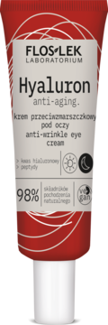 Flos-Lek Hyaluron anti-aging krem pod oczy z hialuronem i peptydami, czerwona tubka, wegański, widok z przodu.