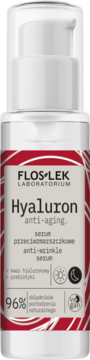 Białe serum FLOS-LEK Hyaluron anti-aging z pompką, z kwasem hialuronowym i prebiotykami, widok z przodu.