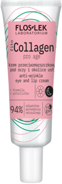 Biała tubka Floslek Fito Collagen anti-wrinkle eye and lip cream z różową etykietą, widok z przodu.