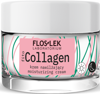 Biały krem nawilżający Floslek fito Collagen w słoiczku z różową etykietą i symbolami dnia/nocy, widok z przodu.