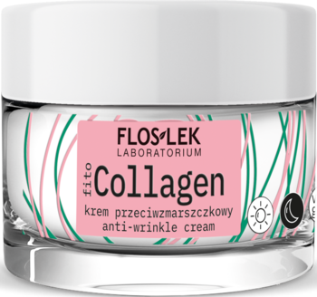 Floslek Fito Collagen krem przeciwzmarszczkowy, przezroczysty słoik z białą nakrętką i różową etykietą, widok z przodu.