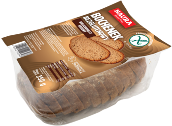 Krojony chleb bezglutenowy wieloziarnisty Natura 350g w brązowej folii, widok z boku pod kątem.