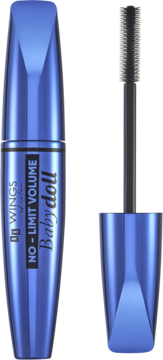 Niebieska mascara Wings Babydoll No-Limit Volume Super Black z otwartą, silikonową szczoteczką.