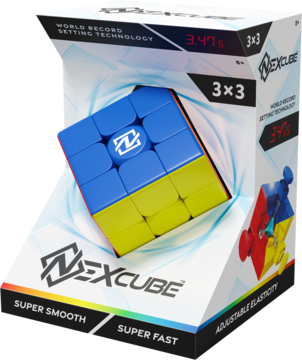 Kostka NexCube 3x3 w ukraińskich barwach, widoczna w otwartym pudełku detalicznym. Z boku czas 3.47s.