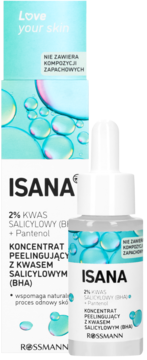 Isana koncentrat peelingujący z kwasem salicylowym (BHA) + pantenolem, w butelce z zakraplaczem i pudełku.