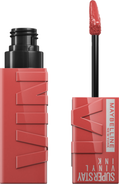 Koralowa pomadka winylowa Maybelline Super Stay Vinyl Ink, jedna z wyciągniętym aplikatorem i połyskującym wykończeniem.