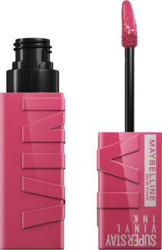 Dwie różowe pomadki winylowe Maybelline Super Stay Vinyl Ink: zamknięta i otwarta z aplikatorem.