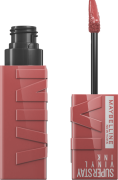 Otwarta płynna pomadka Maybelline Super Stay Vinyl Ink w odcieniu dusty rose, butelka z napisem VINYL i aplikator.