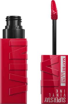 Czerwona pomadka Maybelline Super Stay Vinyl Ink Wicked, jedna otwarta z aplikatorem, obok zamkniętej tubki.